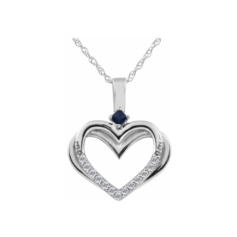New Diamond & Blue Sapphire Heart Pendant, 0.16 Carat on 10k White Gold on Sale | AuthenticWatches