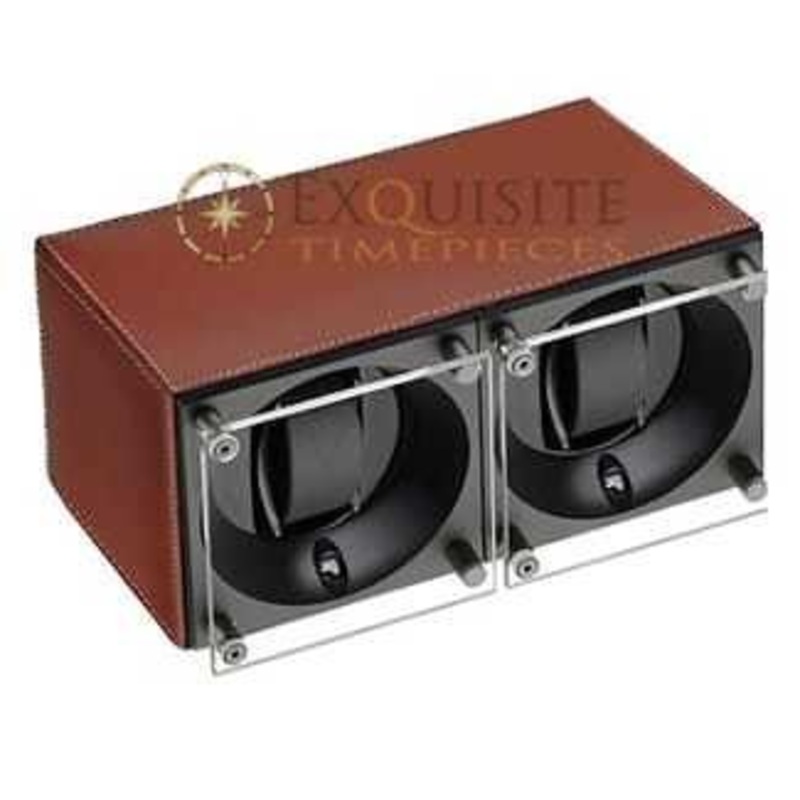 Swiss Kubik Watch Winder Double – Natural Calf Leather With White Stitches – Window Protect Sk02.cv002-wp