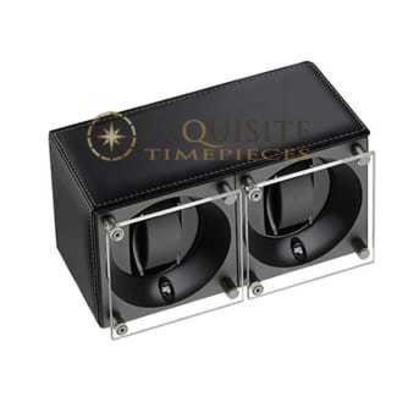 Swiss Kubik Watch Winder Double – Black Calf Leather With White Stitching – Window Protect Sk02.cv001-wp