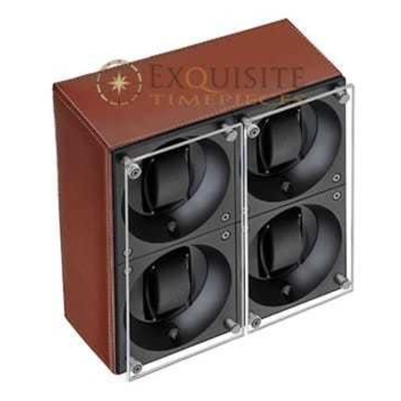 Swiss Kubik Watch Winder Quadruple – Natural Calf Leather With White Stitches – Window Protect Sk04.cv002-wp
