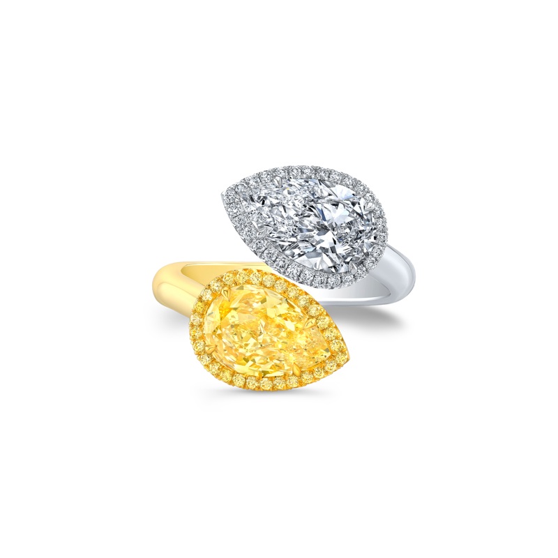 Pear cut Yellow and White Diamond Halo Bypass Ring – Rahaminov Diamonds