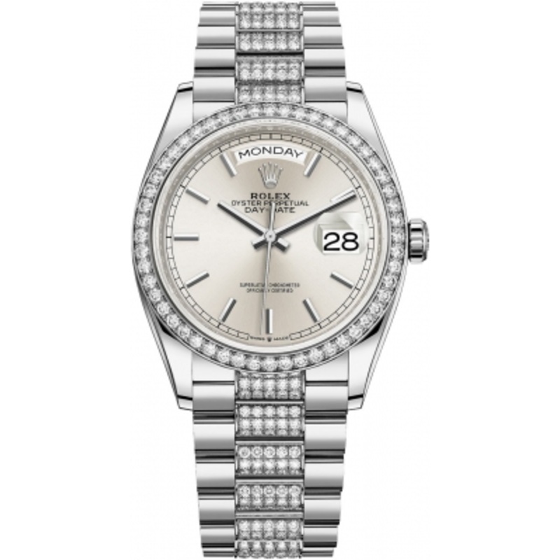 128349RBR Silver Index DB Rolex Day-Date 36mm White Gold Midsize Watch