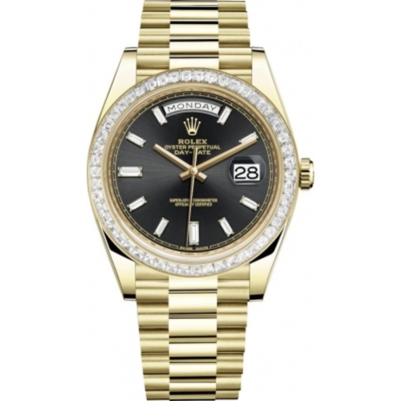 228398TBR Black Baguette Rolex Day-Date 40mm Yellow Gold Mens Watch