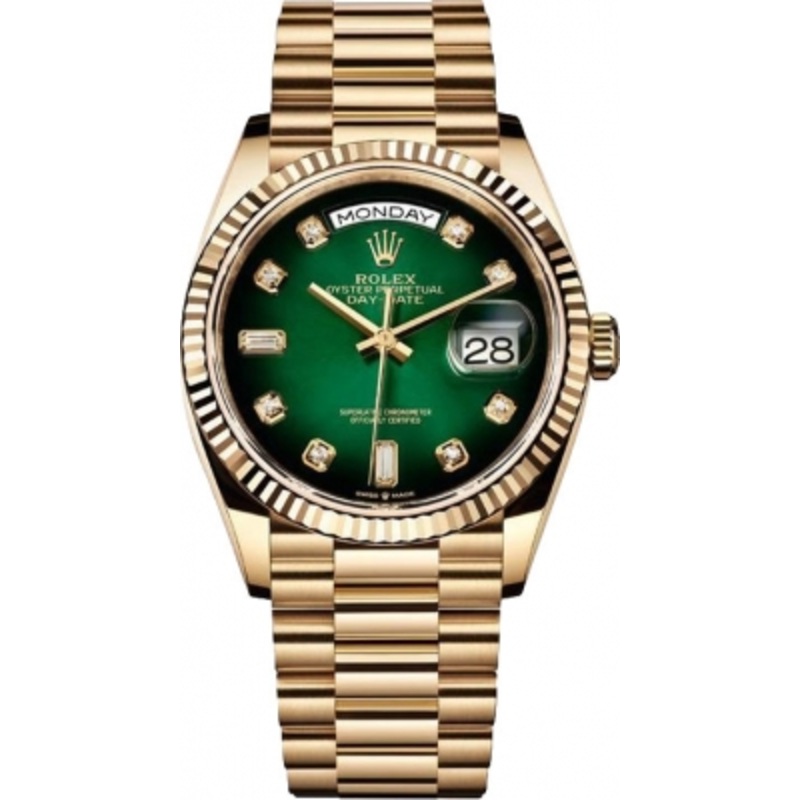 128238 Green Graduated Diamond Rolex Day-Date 36mm Yellow Gold Midsize Watch