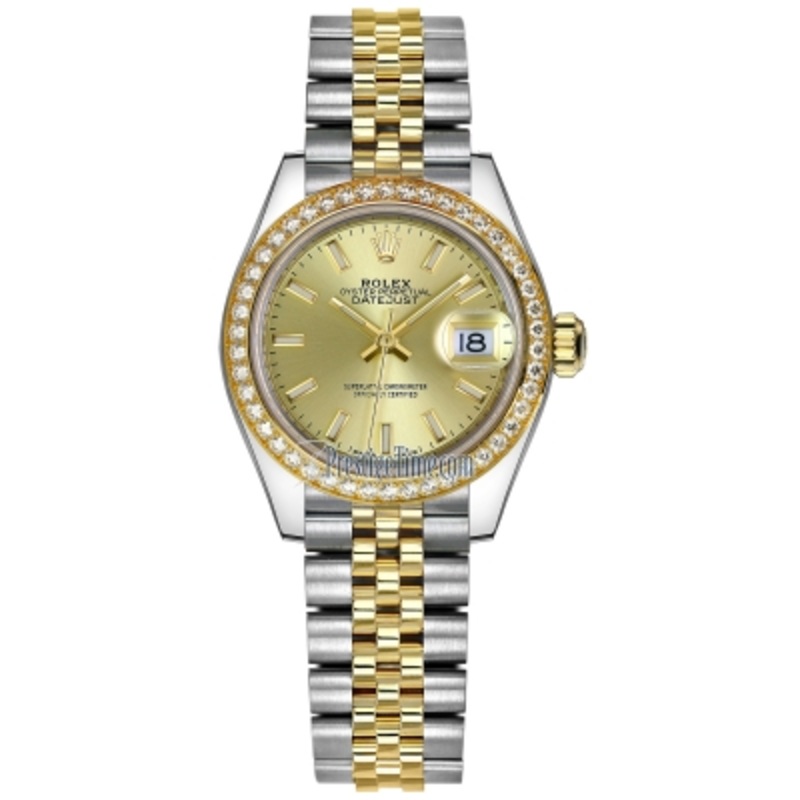 279383RBR Champagne Index Jubilee Rolex Lady Datejust 28mm Stainless Steel and Yellow Gold Ladies Watch
