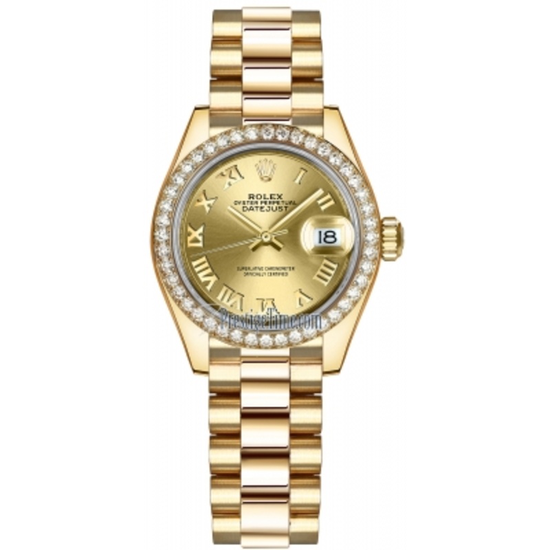 279138RBR Champagne Roman President Rolex Lady Datejust 28mm Yellow Gold Ladies Watch