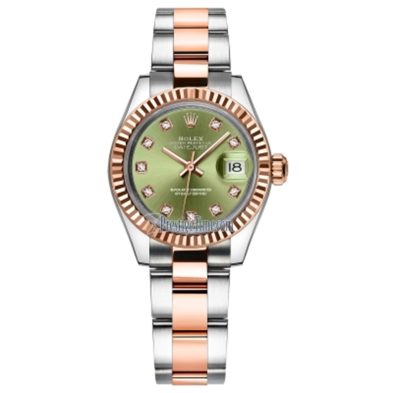 279171 Olive Green Diamond Oyster Rolex Lady Datejust 28mm Stainless Steel and Everose Gold Ladies Watch