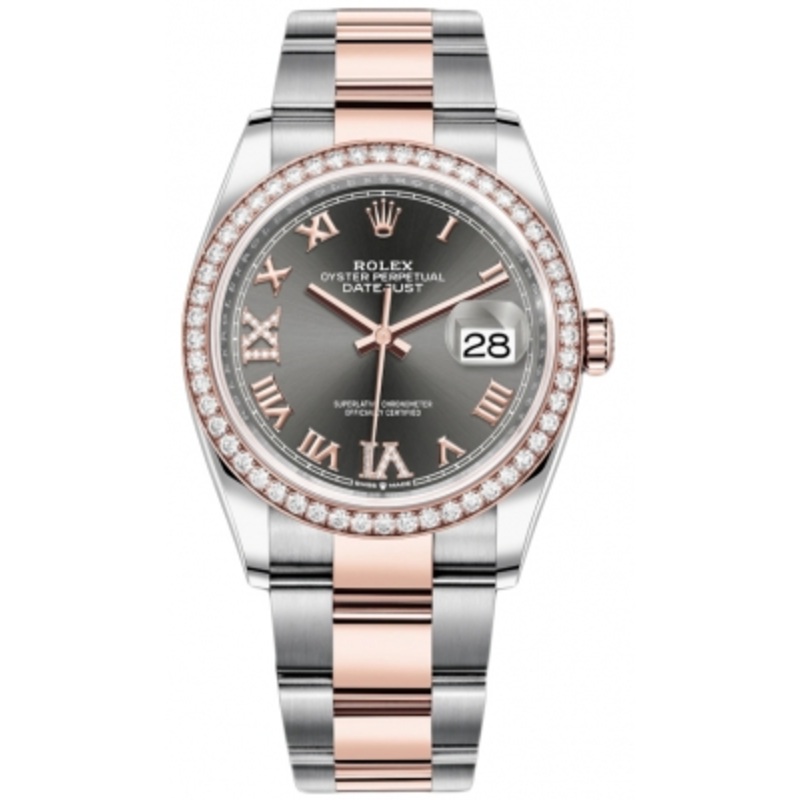 126281RBR Dark Rhodium VI IX Roman Oyster Rolex Datejust 36mm Stainless Steel and Rose Gold Ladies Watch
