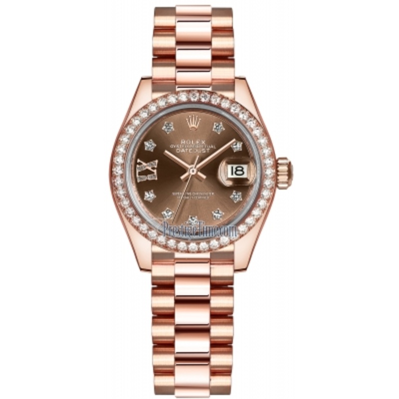 279135RBR Chocolate 17 Diamond President Rolex Lady Datejust 28mm Everose Gold Ladies Watch