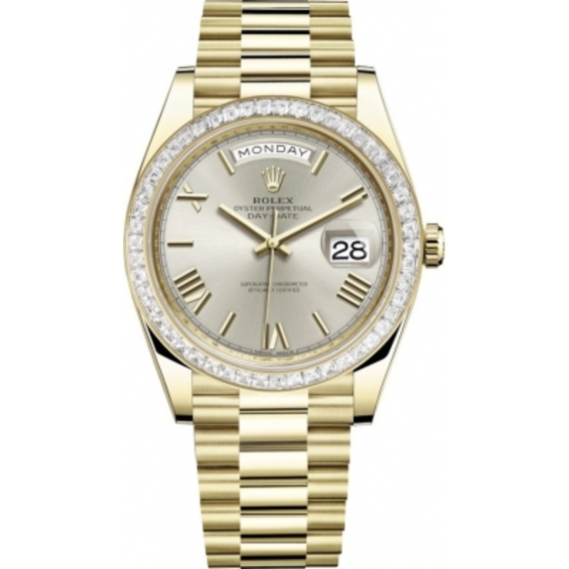 228398TBR Silver Roman Rolex Day-Date 40mm Yellow Gold Mens Watch