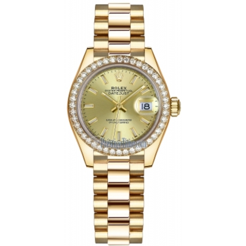 279138RBR Champagne Index President Rolex Lady Datejust 28mm Yellow Gold Ladies Watch