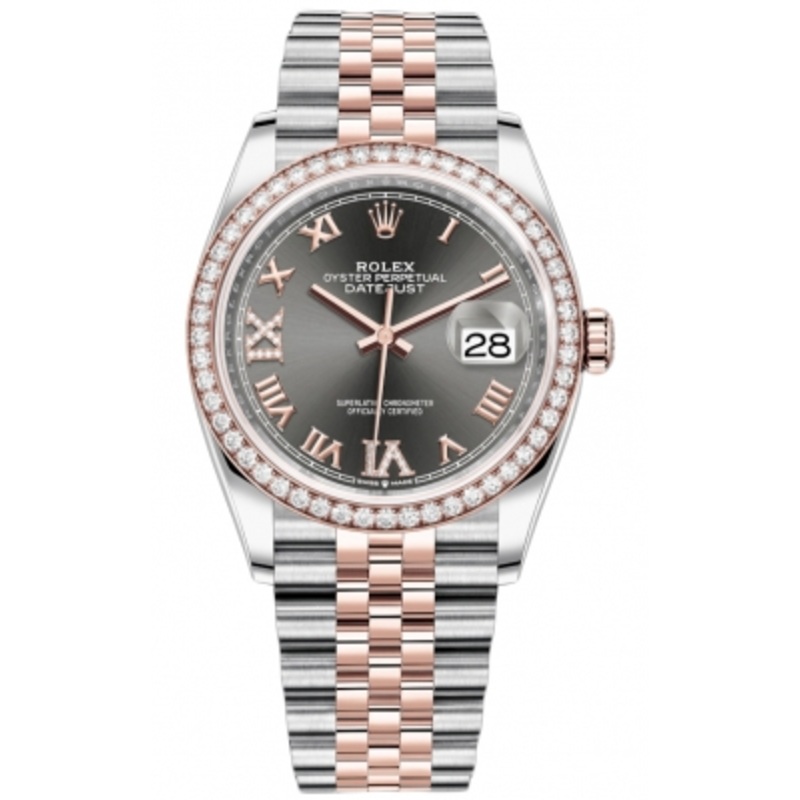 126281RBR Dark Rhodium VI IX Roman Jubilee Rolex Datejust 36mm Stainless Steel and Rose Gold Ladies Watch