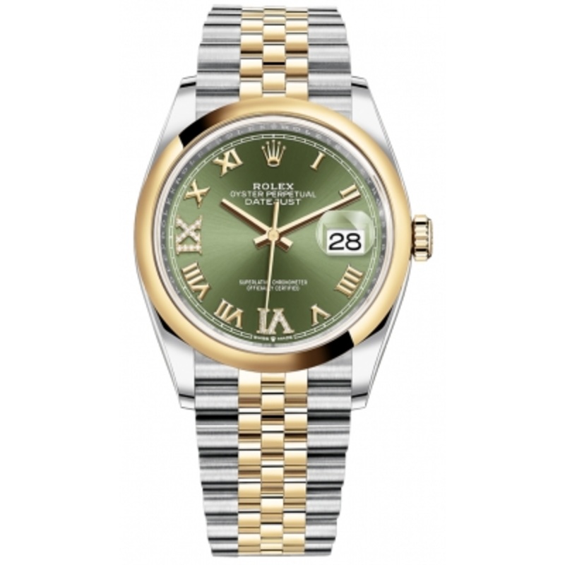 126203 Olive Green VI IX Roman Jubilee Rolex Datejust 36mm Stainless Steel and Yellow Gold Ladies Watch