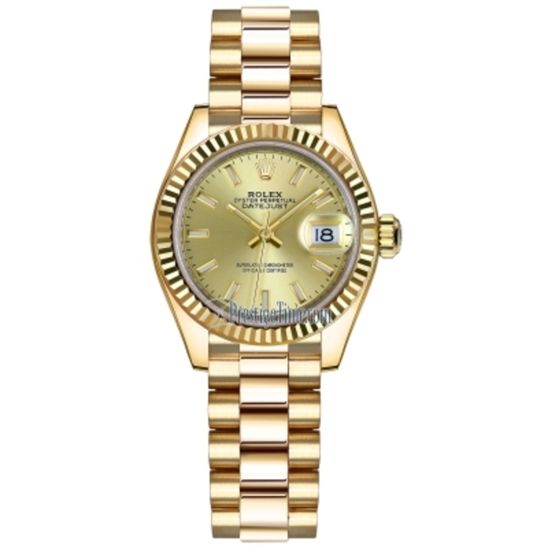 279178 Champagne Index President Rolex Lady Datejust 28mm Yellow Gold Ladies Watch