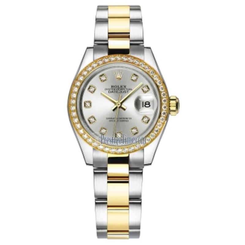 279383RBR Silver Diamond Oyster Rolex Lady Datejust 28mm Stainless Steel and Yellow Gold Ladies Watch