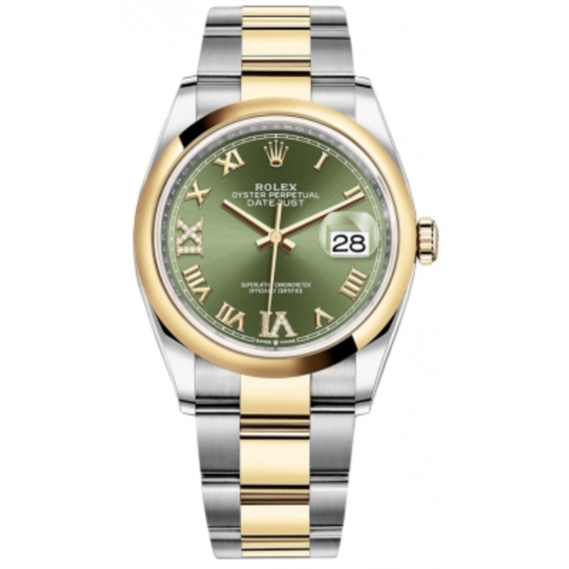 126203 Olive Green VI IX Roman Oyster Rolex Datejust 36mm Stainless Steel and Yellow Gold Ladies Watch
