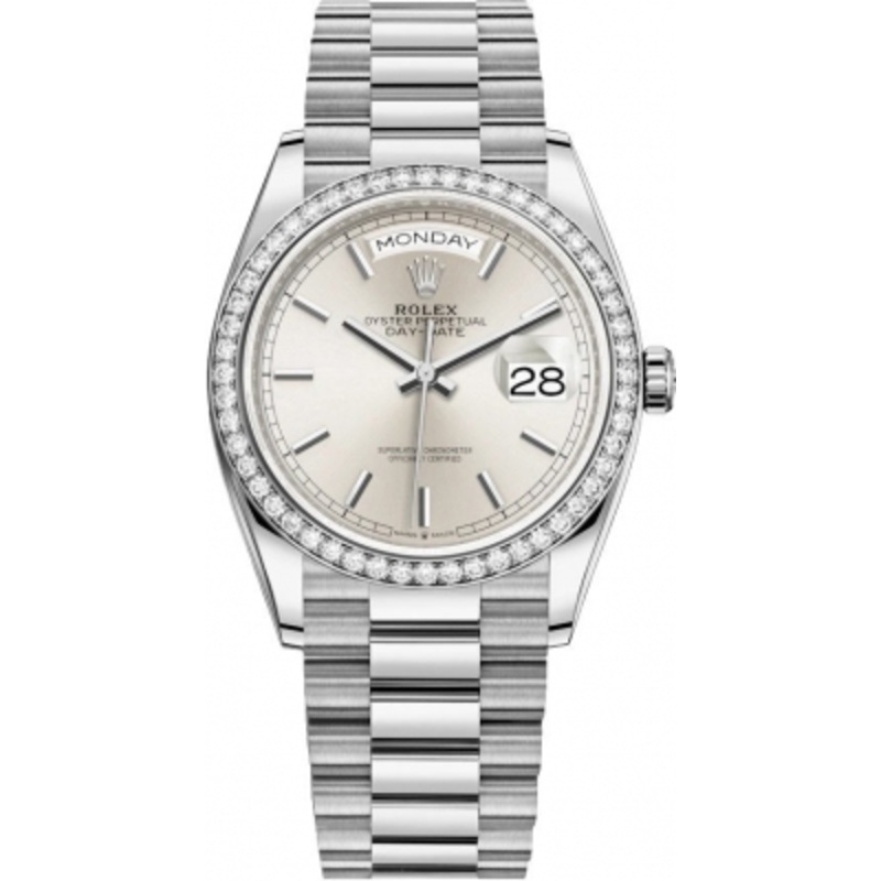 128349RBR Silver Index Rolex Day-Date 36mm White Gold Midsize Watch
