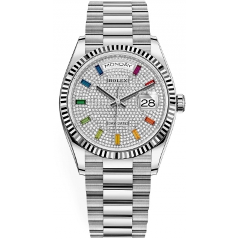 128239 Pave Rainbow Rolex Day-Date 36mm White Gold Midsize Watch