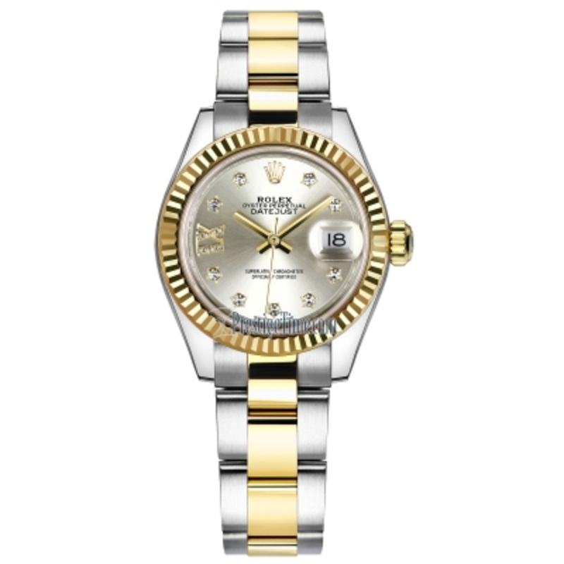 279173 Silver 17 Diamond Oyster Rolex Lady Datejust 28mm Stainless Steel and Yellow Gold Ladies Watch