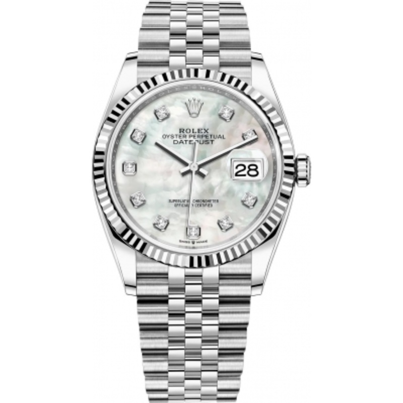 126234 White MOP Diamond Jubilee Rolex Datejust 36mm Stainless Steel Midsize Watch