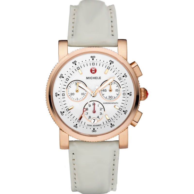 White Patent Leather Band Quartz Chronograph Michele Sport Sail Classic Watch MWW01C000066 Rose Gold Tone Case