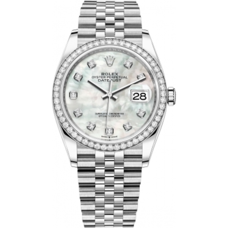 126284rbr White MOP Diamond Jubilee Rolex Datejust 36mm Stainless Steel Midsize Watch