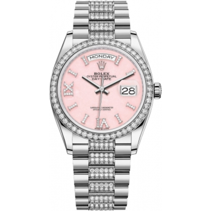 128349RBR Pink Opal DB Rolex Day-Date 36mm White Gold Midsize Watch