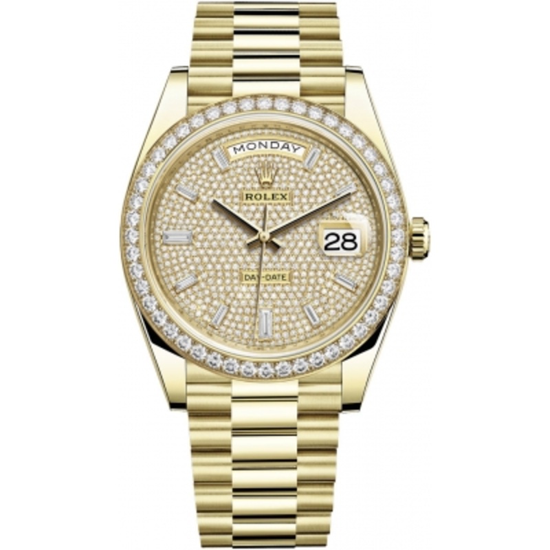 228348RBR Pave Baguette Rolex Day-Date 40mm White Gold Mens Watch