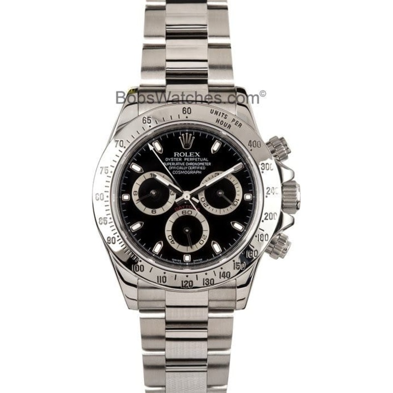 Stainless Steel Rolex Daytona w Black Dial at Bob’s Watches