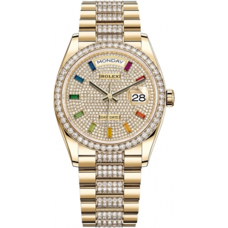 128348RBR Pave Rainbow DB Rolex Day-Date 36mm Yellow Gold Midsize Watch
