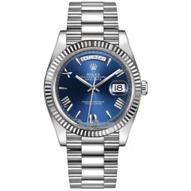 228239 Blue Roman Rolex Day-Date 40mm White Gold Mens Watch