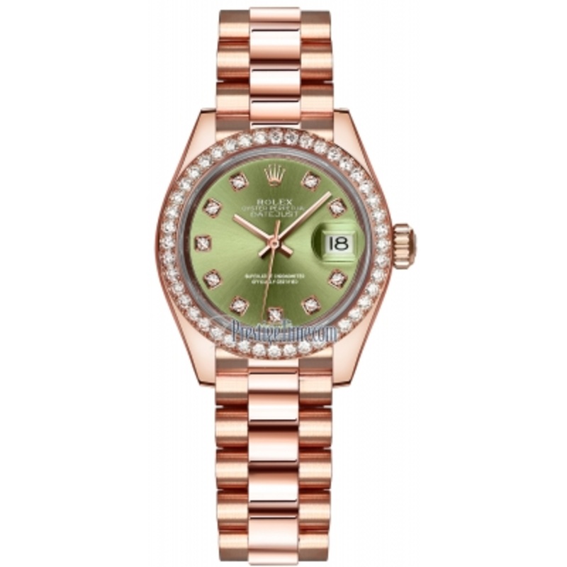 279135RBR Olive Green Diamond President Rolex Lady Datejust 28mm Everose Gold Ladies Watch
