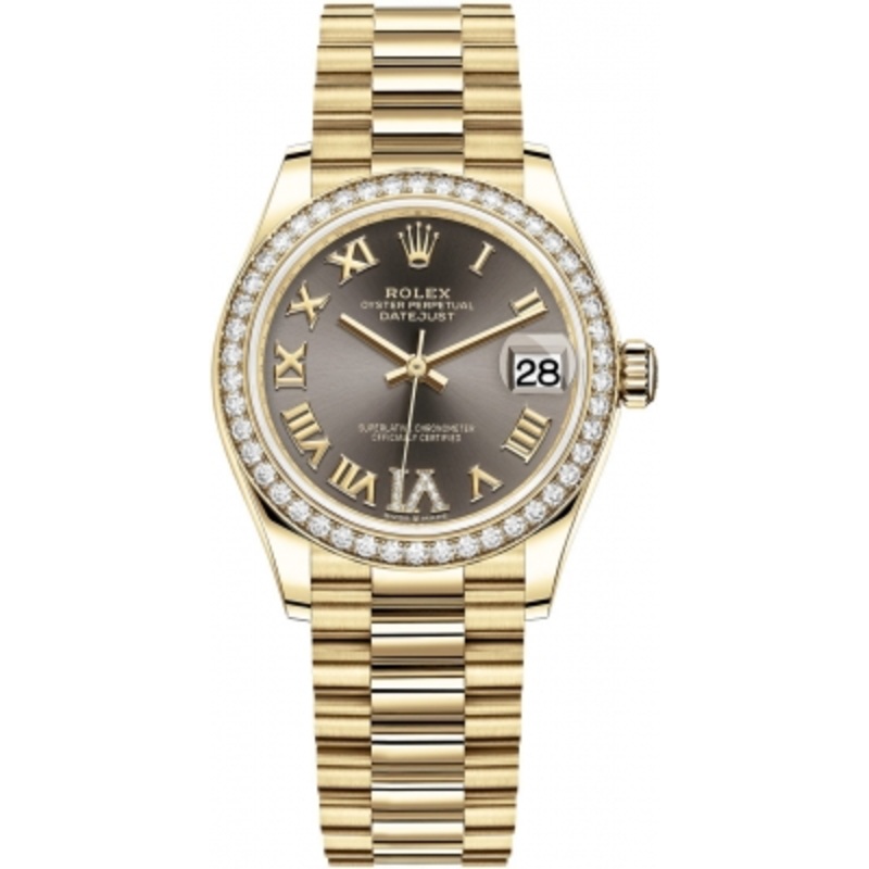 278288RBR Dark Grey Roman VI President Rolex Datejust 31mm Yellow Gold Ladies Watch