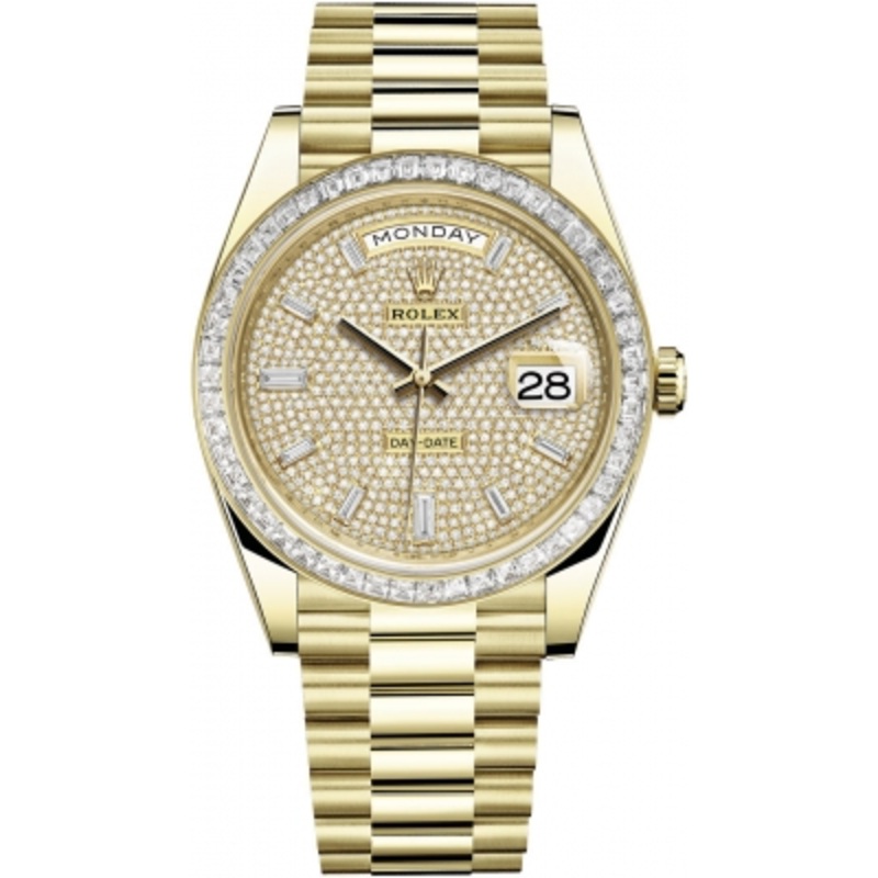228398TBR Pave Baguette Rolex Day-Date 40mm White Gold Mens Watch