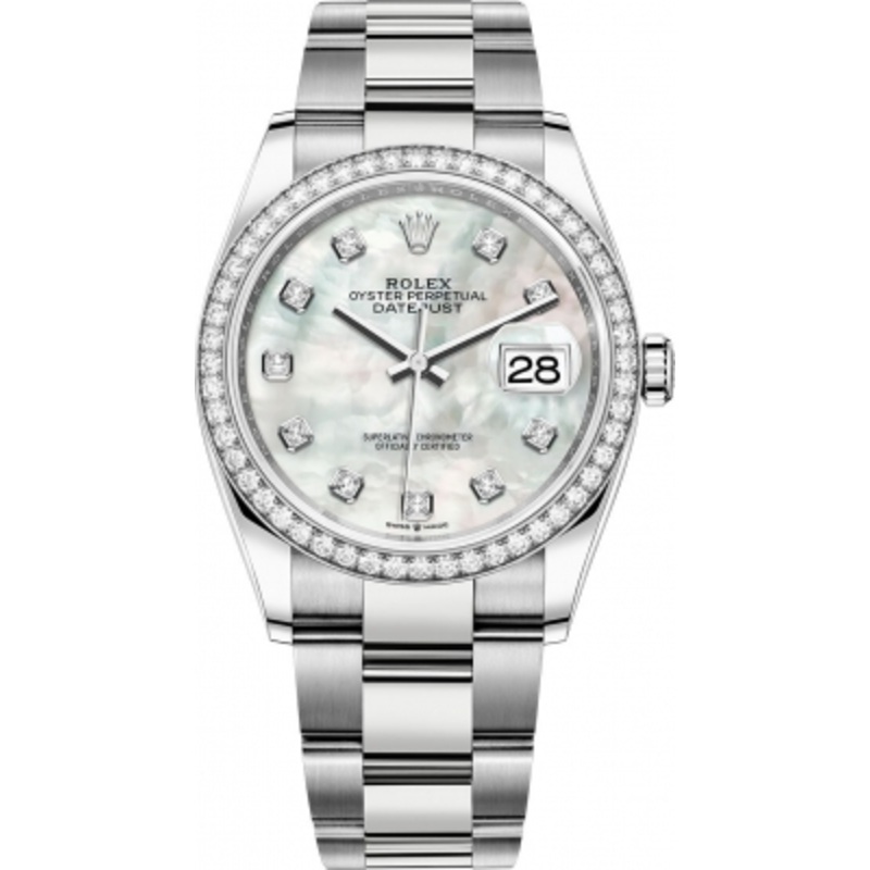 126284rbr White MOP Diamond Oyster Rolex Datejust 36mm Stainless Steel Midsize Watch