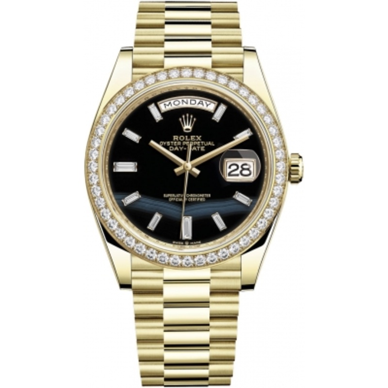 228348RBR Onyx Baguette Rolex Day-Date 40mm Yellow Gold Mens Watch