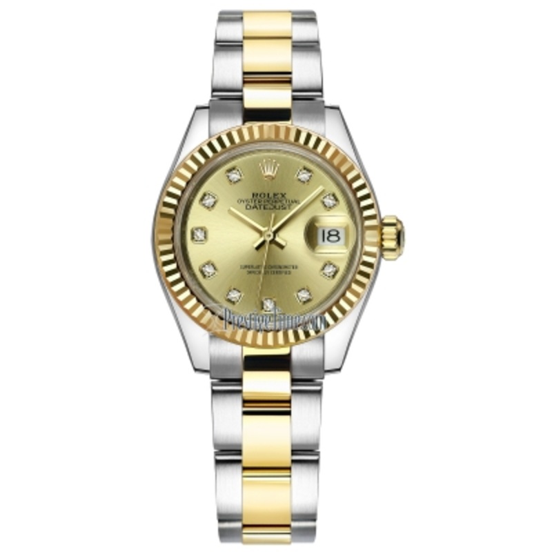 279173 Champagne Diamond Oyster Rolex Lady Datejust 28mm Stainless Steel and Yellow Gold Ladies Watch