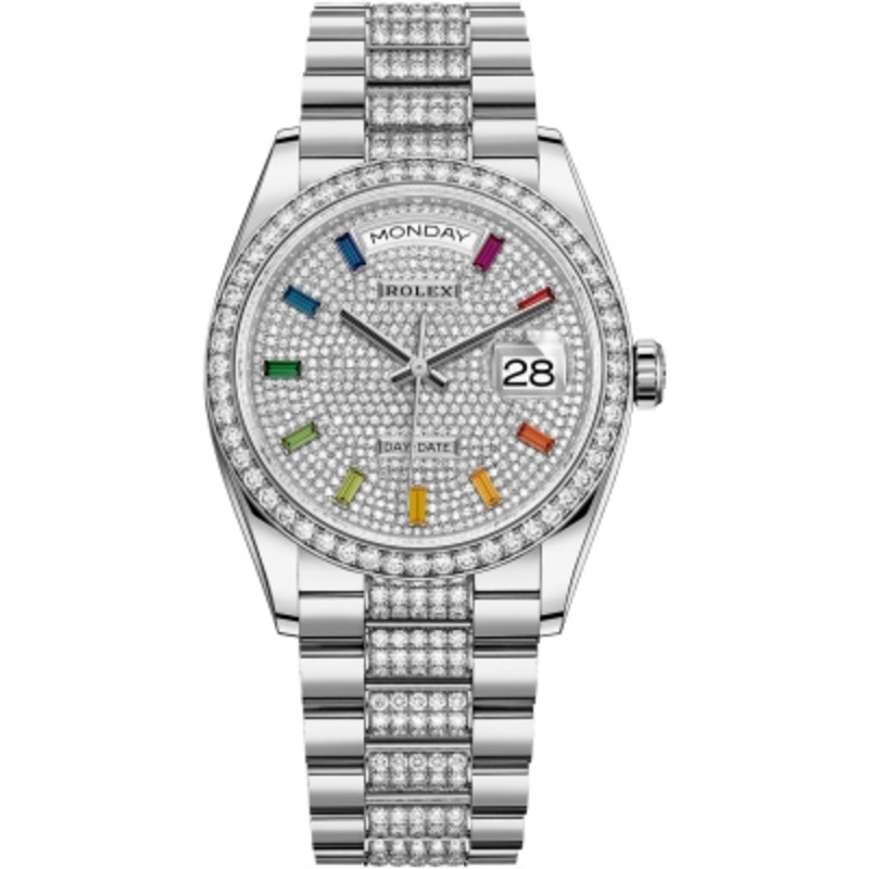 128349RBR Pave Rainbow DB Rolex Day-Date 36mm White Gold Midsize Watch