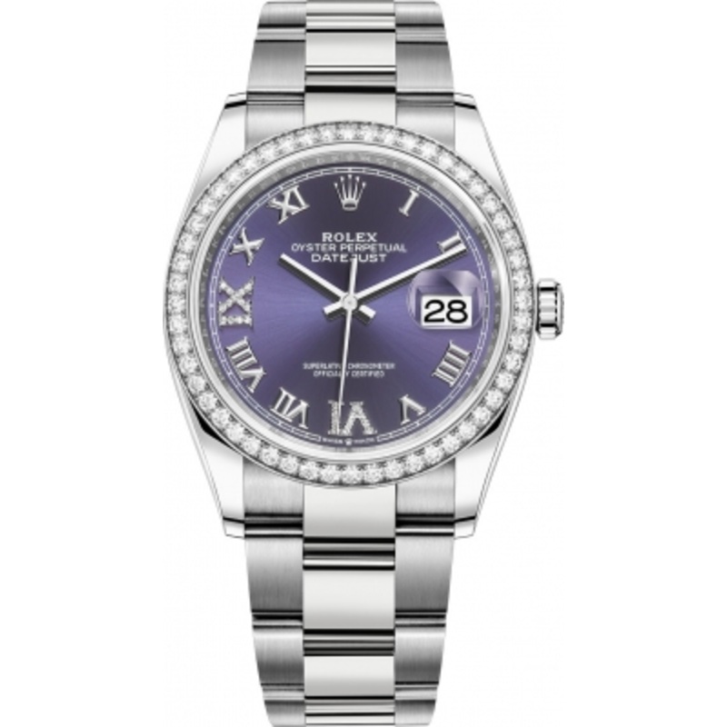 126284rbr Aubergine Roman VI IX Oyster Rolex Datejust 36mm Stainless Steel Midsize Watch
