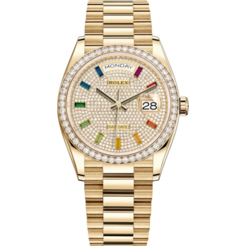 128348RBR Pave Rainbow Rolex Day-Date 36mm Yellow Gold Midsize Watch
