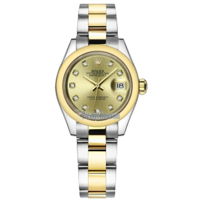 279163 Champagne Diamond Oyster Rolex Lady Datejust 28mm Stainless Steel and Yellow Gold Ladies Watch