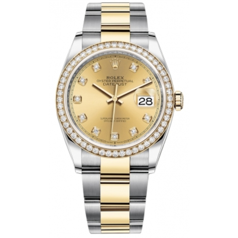126283RBR Champagne Diamond Oyster Rolex Datejust 36mm Stainless Steel and Yellow Gold Ladies Watch
