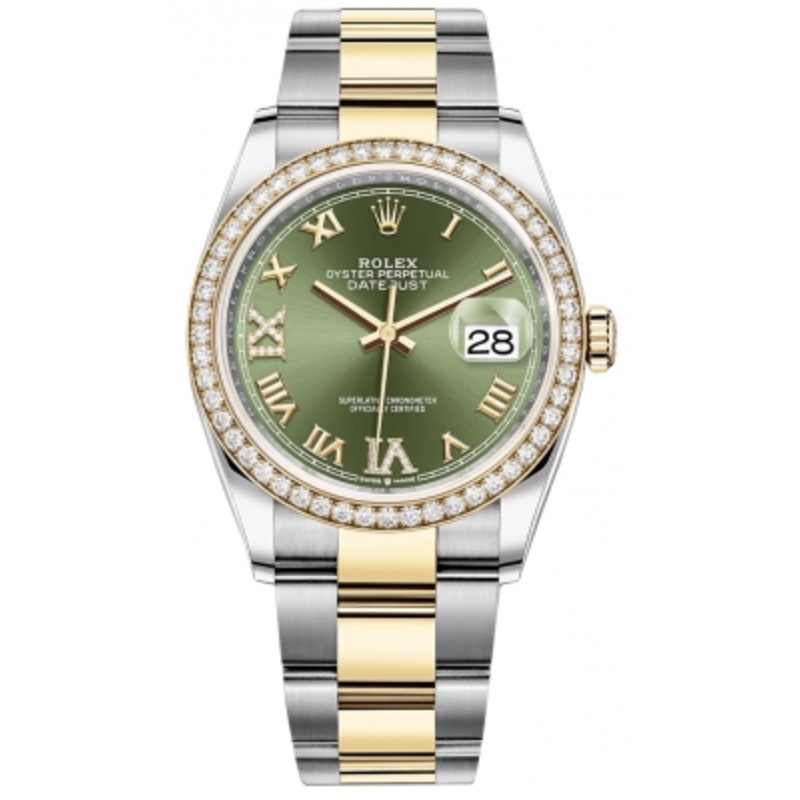 126283RBR Olive Green VI IX Roman Oyster Rolex Datejust 36mm Stainless Steel and Yellow Gold Ladies Watch