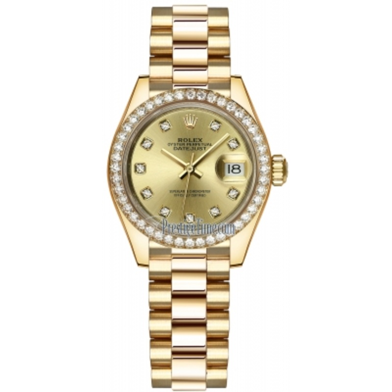 279138RBR Champagne Diamond President Rolex Lady Datejust 28mm Yellow Gold Ladies Watch