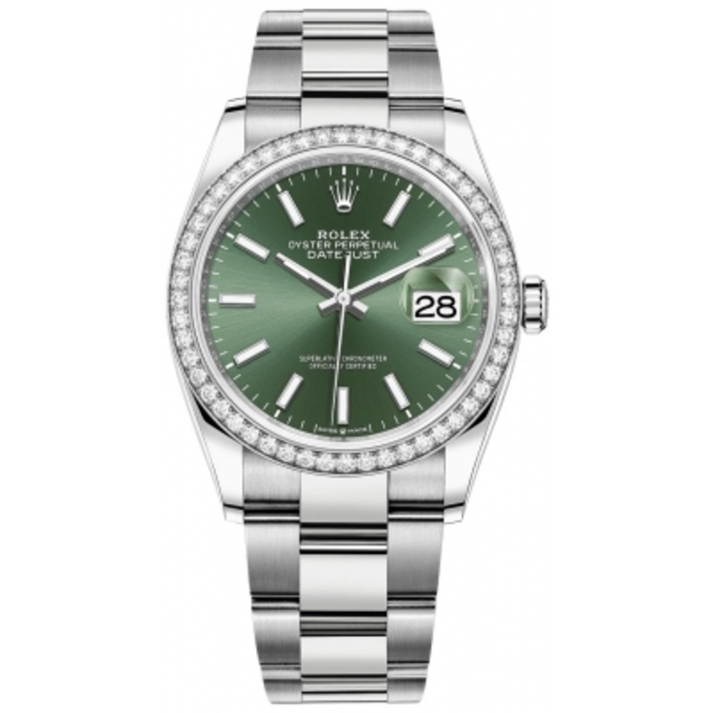 126284rbr Mint Green Index Oyster Rolex Datejust 36mm Stainless Steel Midsize Watch
