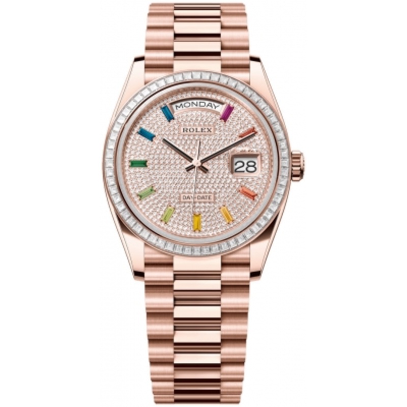 128395TBR  Pave Rainbow   Rolex Day-Date 36mm Everose Gold Midsize Watch