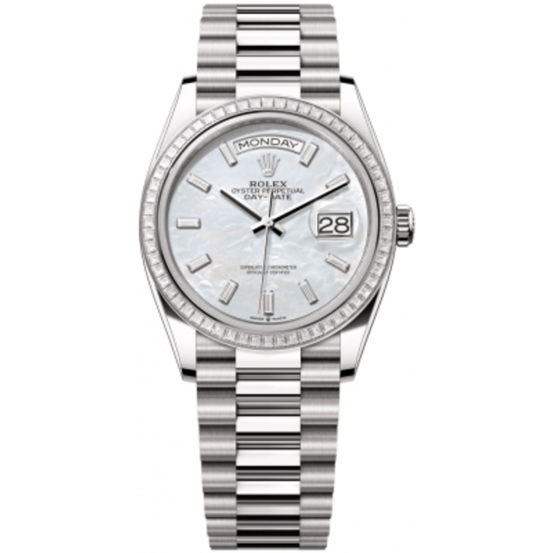 128399TBR MOP Baguette   Rolex Day-Date 36mm White Gold Midsize Watch