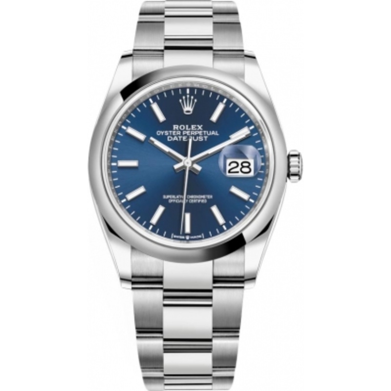 126200 Blue Index Oyster Rolex Datejust 36mm Stainless Steel Midsize Watch