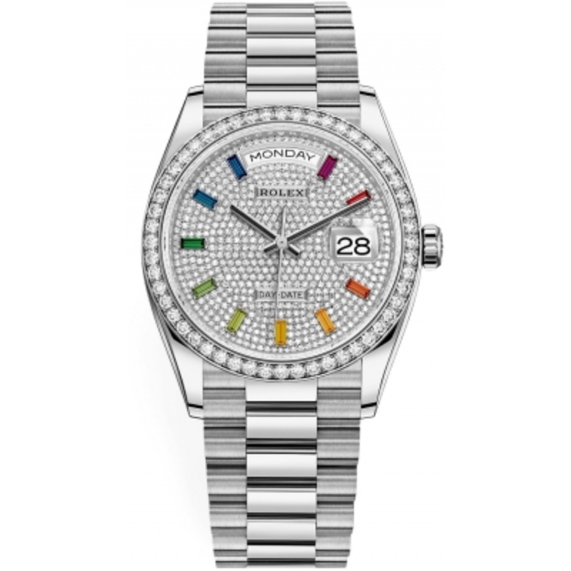 128349RBR Pave Rainbow Rolex Day-Date 36mm White Gold Midsize Watch