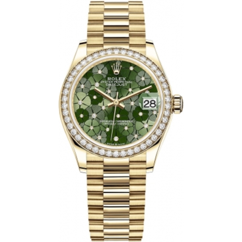 278288rbr Olive Green Floral President Rolex Datejust 31mm Yellow Gold Ladies Watch